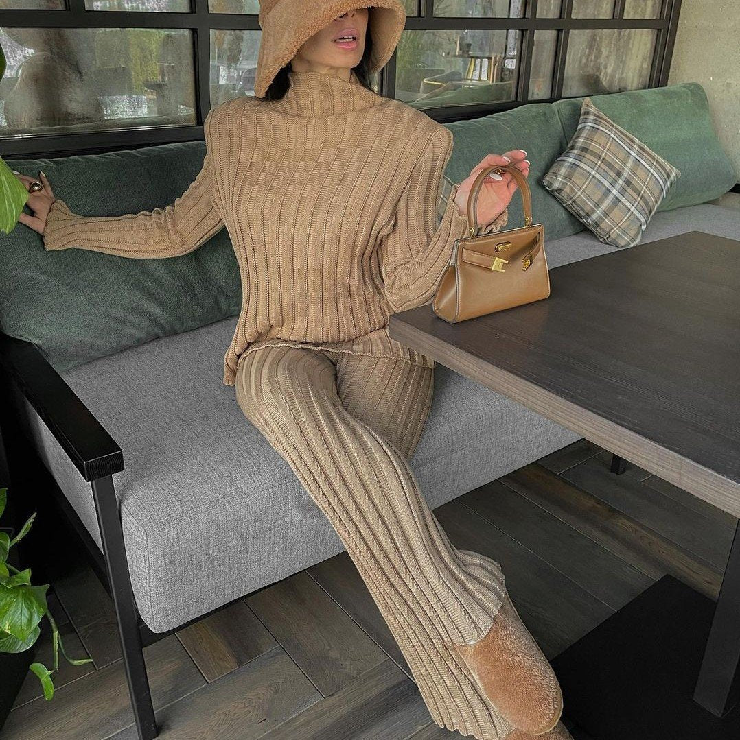 Leisure Women Knitting Two Pieces Sweater Suits-Women Suits-Khaki-S-Free Shipping Leatheretro