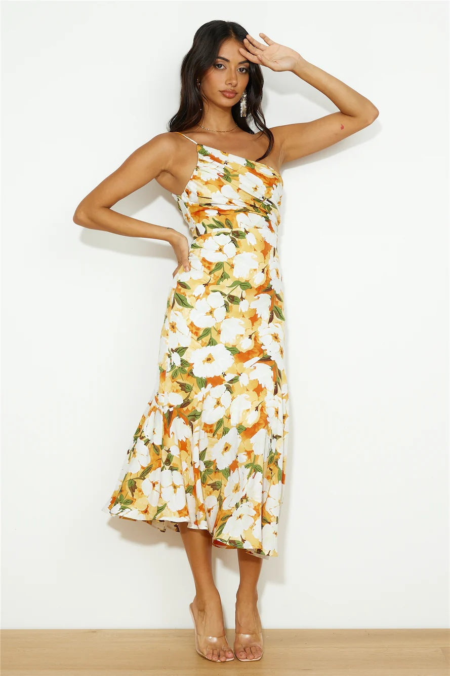 Fashion Summer One Shoulder Midi Length Dresses-Dresses-Yellow-S-Free Shipping Leatheretro