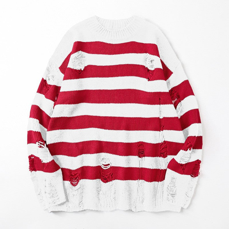 Casual Broken Holes Striped Knitting Sweaters for Couple-Shirts & Tops-White Red-S-Free Shipping Leatheretro