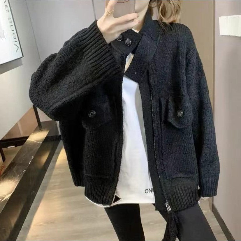 Women Zipper Knitting Cardigan Sweater Coats-Shirts & Tops-Black-One Size-Free Shipping Leatheretro