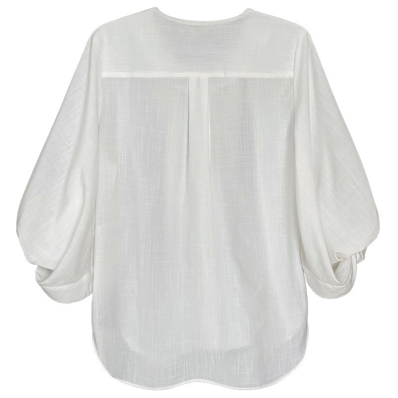 Designed Linen 3/4 Length Sleeves Shirts-Shirts & Tops-White-M-Free Shipping Leatheretro