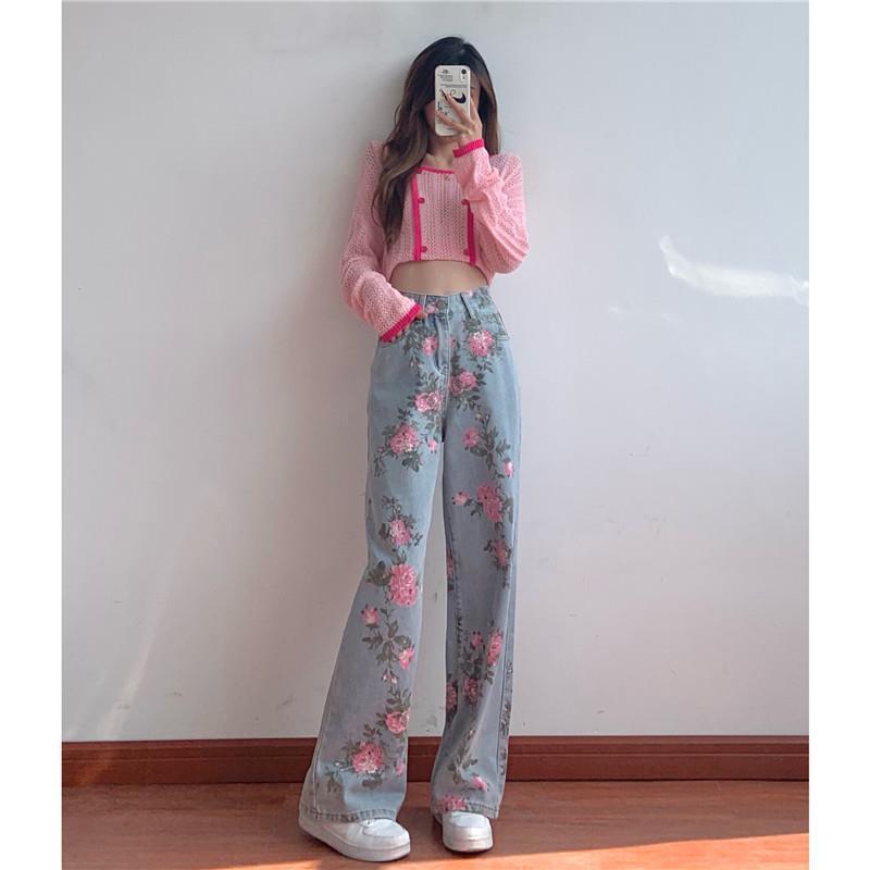 Vintage Rose Designed High Waist Straight Pants for Women-Pants-The same as picture-M（48-52 kg）-Free Shipping Leatheretro