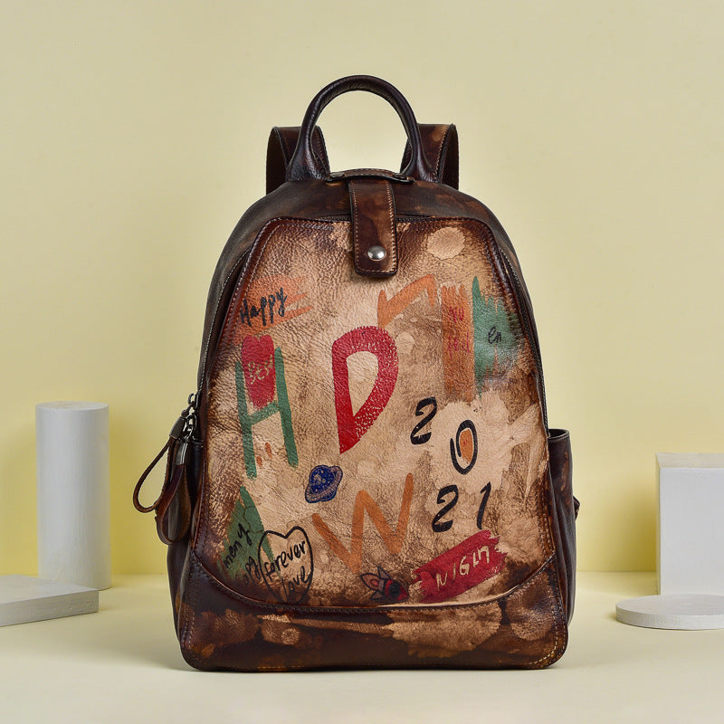 Vintage Graffiti Leather Backback for Women C313-Leatehr Backpack-Brown-Free Shipping Leatheretro
