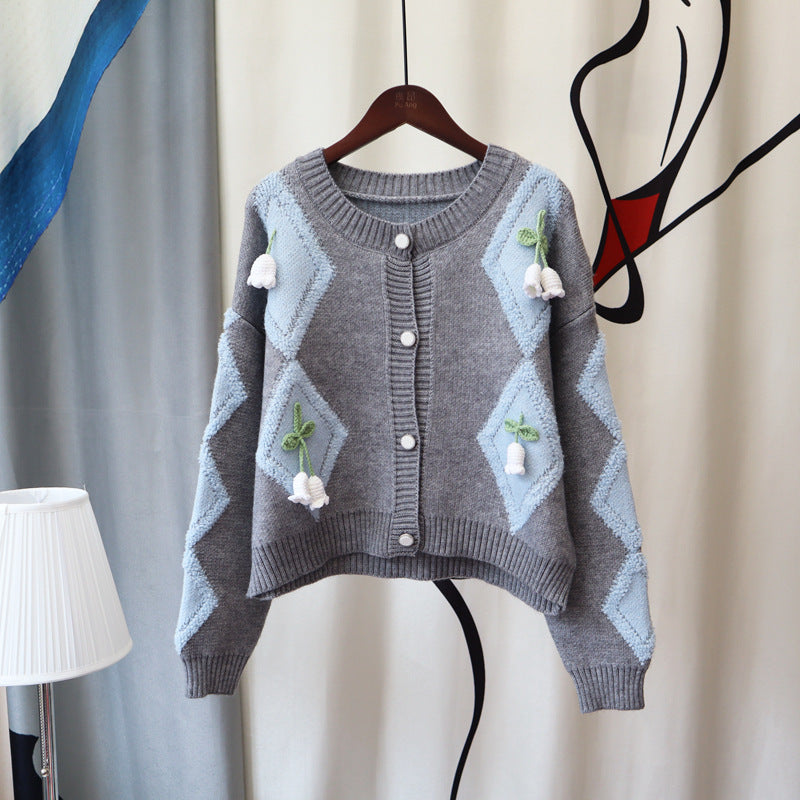 Lovely 3d Flowers Design Knitted Overcoats-Shirts & Tops-Grey-One Size-Free Shipping Leatheretro