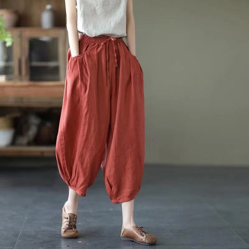 Vintage Elastic Waist Linen Summer Trousers for Women-Pants-Red-M-Free Shipping Leatheretro