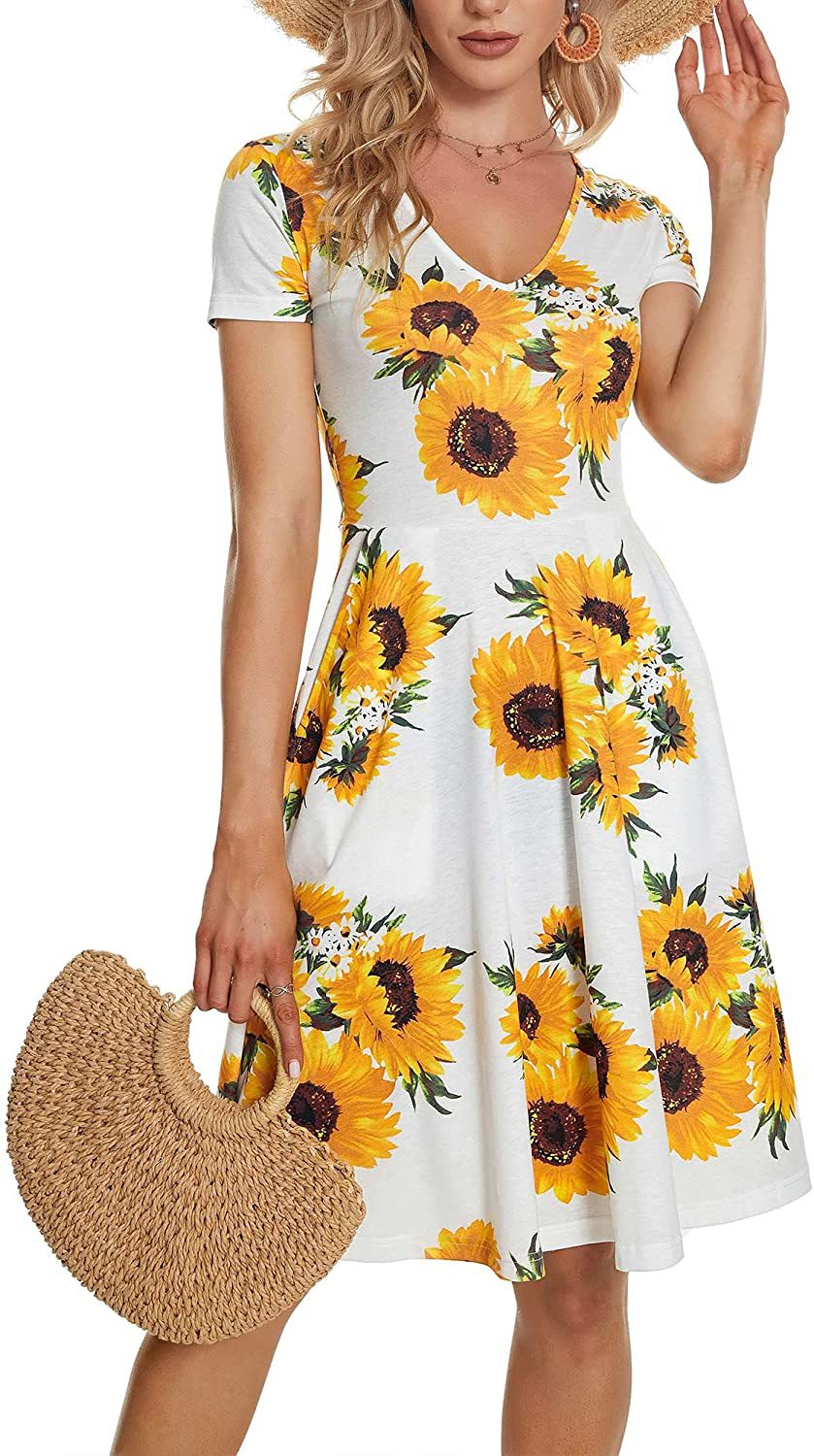 Casual Summer Sunflower Print Daily Women Sun Dresses-Dresses-Yellow-S-Free Shipping Leatheretro