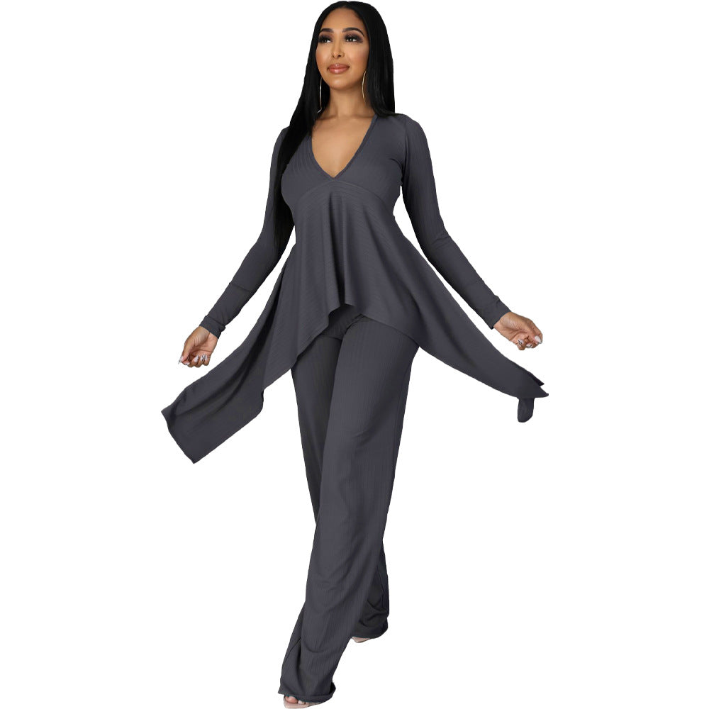 Sexy Long Sleeves Irregular Tops and Pants Set for Women-Suits-Gray-S-Free Shipping Leatheretro