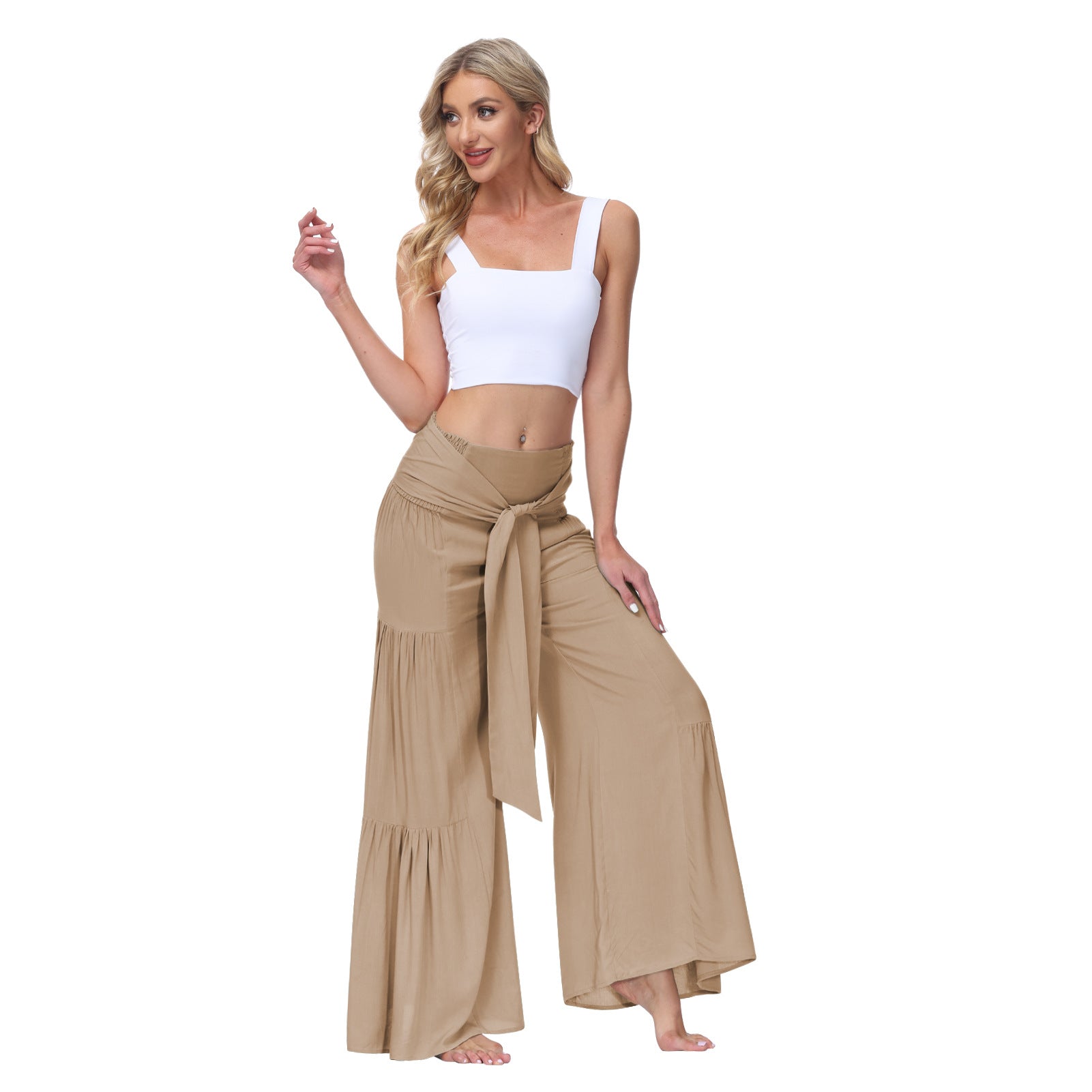 Casual Elastic Waist Wide Legs Pants-Women Bottoms-Apricot-S-Free Shipping Leatheretro