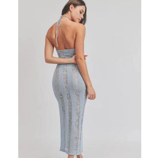 Sexy Backless See Through Knitted Dresses-Dresses-Light Blue-S-Free Shipping Leatheretro