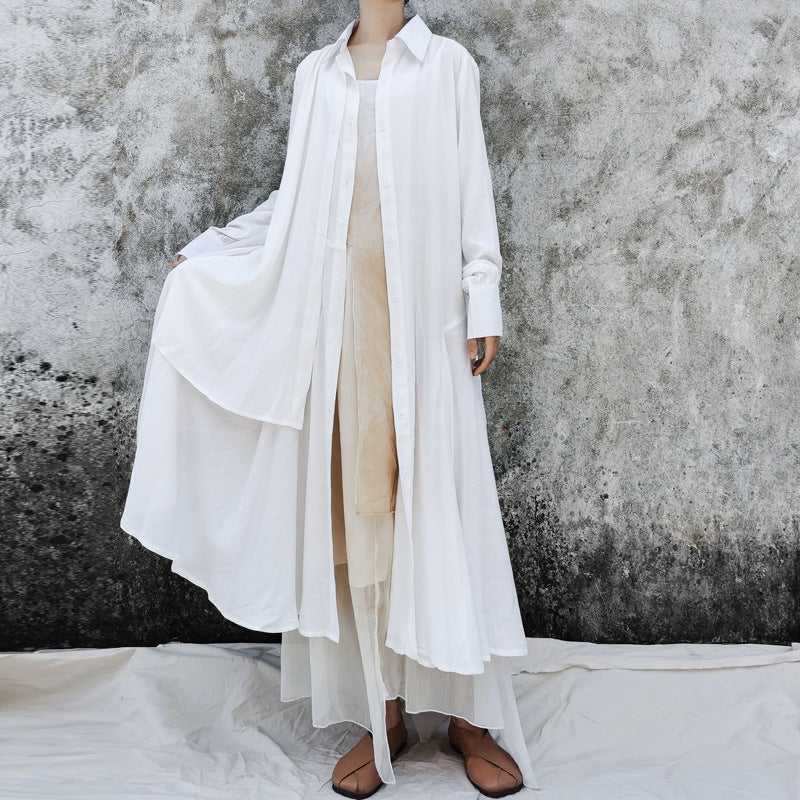 Ethnic Vintage Linen Designed Long Shirt Dresses-Dresses-White-L-Free Shipping Leatheretro