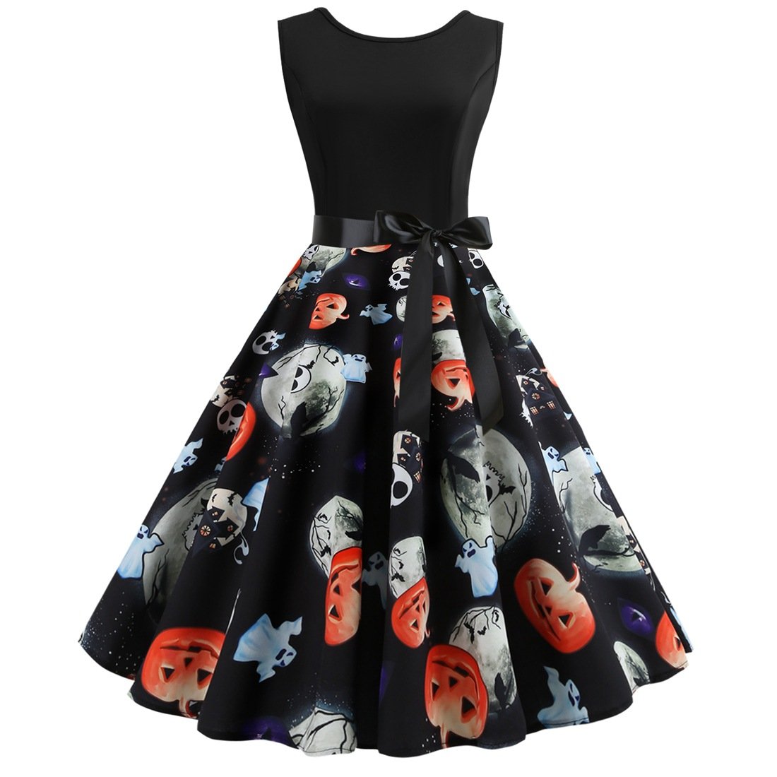 Vintage Pumpkin Skeleton Print Dresses-Vintage Dresses-Black-S-Free Shipping Leatheretro