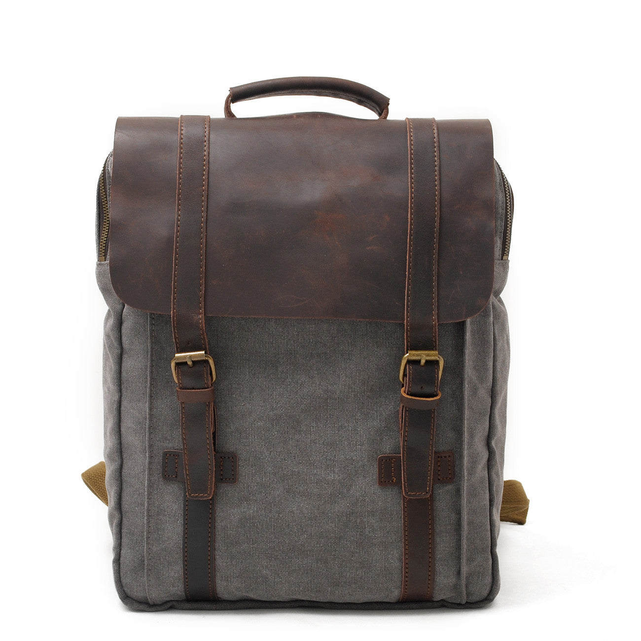 Men's Leisure Leather Canvas Traveling Backpack 6820-Leather Canvas Backpack-Khaki-Free Shipping Leatheretro