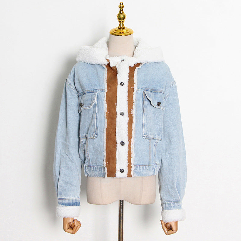 Fashion Designed Lamb Wool with Denim Jacket Coats-Coats & Jackets-Blue-S-Free Shipping Leatheretro