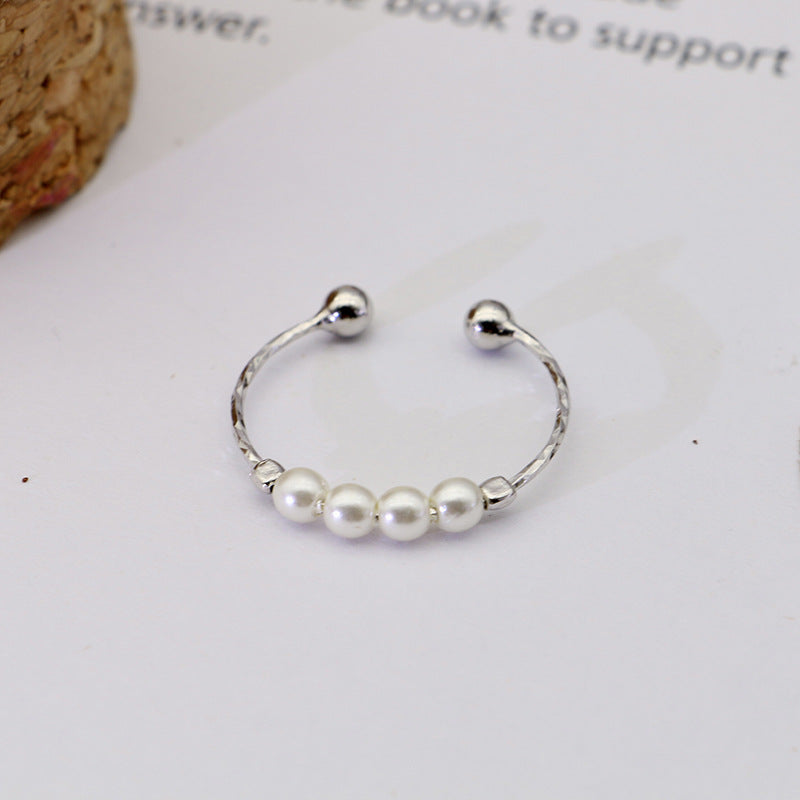 Pearl Beads Design Silver Tail Ring for Women-Rings-White-Open-end-Free Shipping Leatheretro