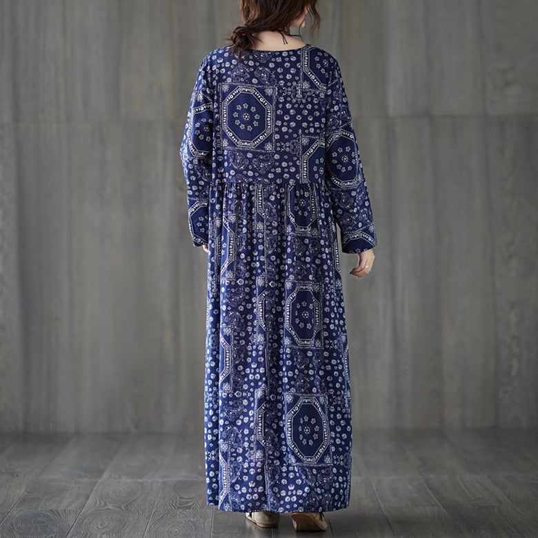 Vintage Plus Sizes Long Sleeves Blue Fall Dresses-Dresses-Navy Blue-M-Free Shipping Leatheretro