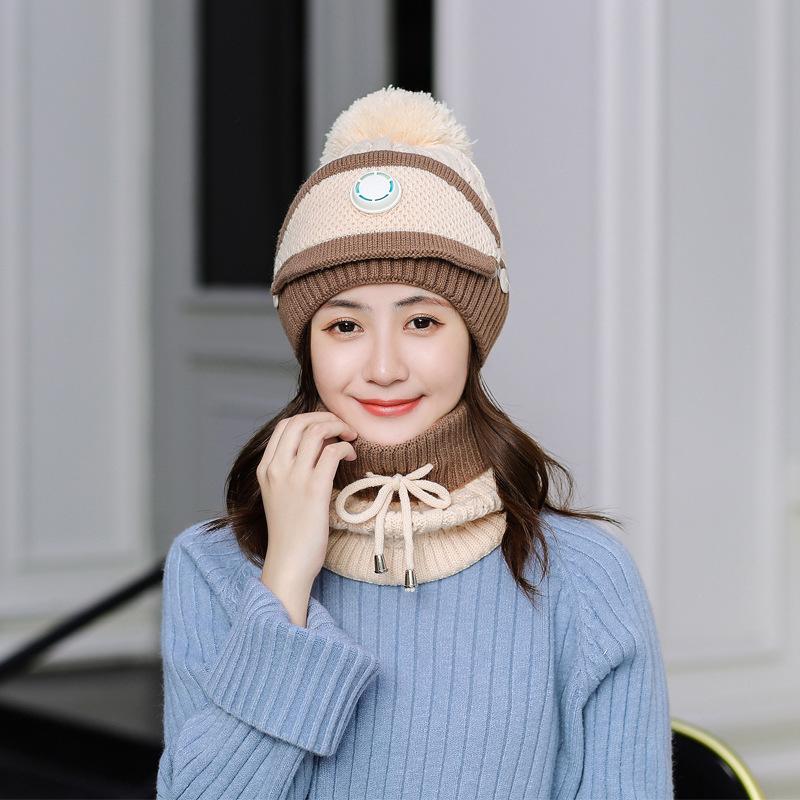 Women Winter Fleece Liner Outdoor Kntting Hats&Scarfs 3pcs/Set-Ivory-One Size-Elastic-Free Shipping Leatheretro