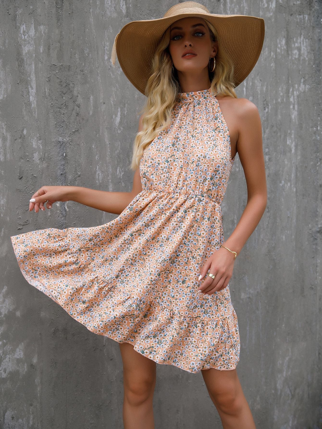 Casual Floral Print Women Short Summer Dresses-Dresses-Apricot-S-Free Shipping Leatheretro