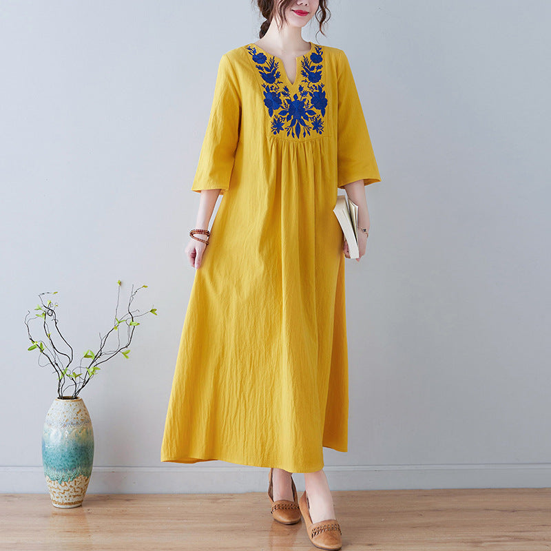 Bohemian Linen Summer Long Dresses-Dresses-Yellow-M-Free Shipping Leatheretro