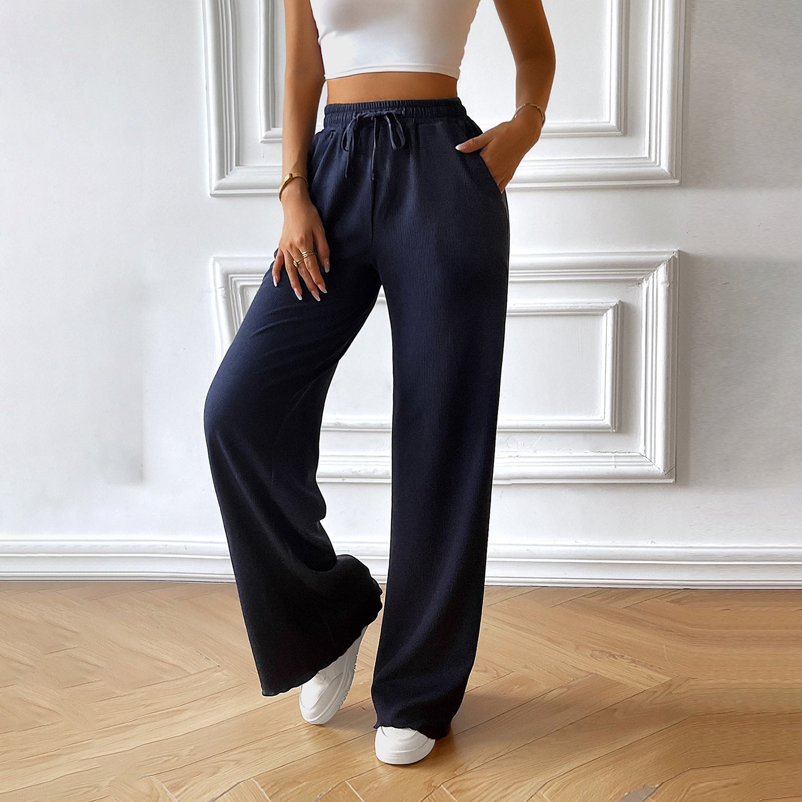 Casual Summer Wide Legs Pants-Pants-Navy blue-S-Free Shipping Leatheretro