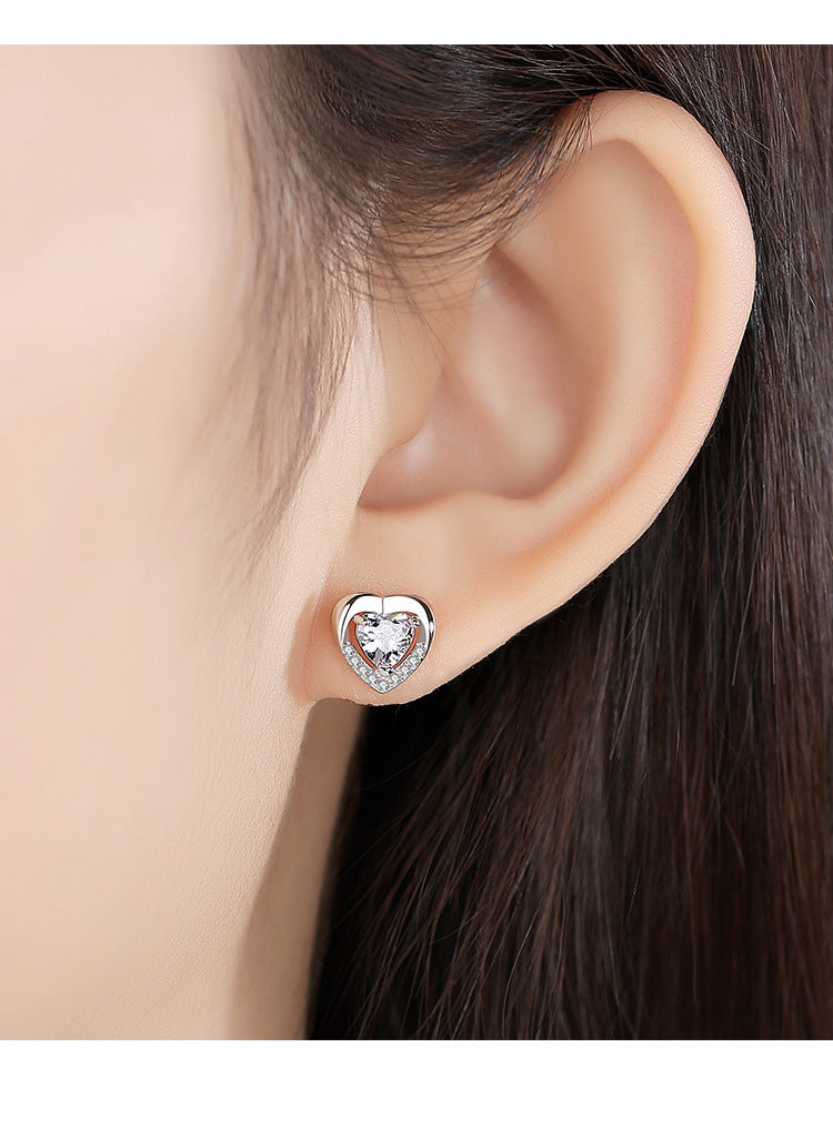 Lovely Heart Shape Zircon Silver Earring Studs-Earrings-Blue-Free Shipping Leatheretro