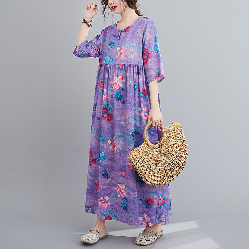 Ethinc Line Summer Half Sleeves Women Long Dresses-Dresses-Purple（858）-M-Free Shipping Leatheretro
