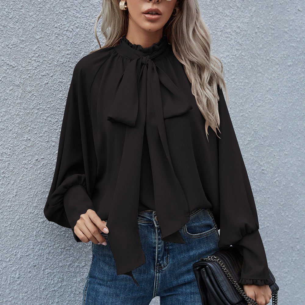 Casual High Neck Long Sleeves Blouses-Shirts & Tops-Black-S-Free Shipping Leatheretro