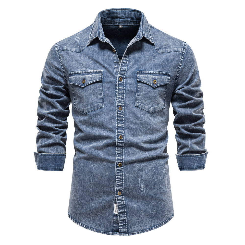 Fashion Denim Long Sleeves Shirts for Men-Shirts & Tops-Blue-S-Free Shipping Leatheretro