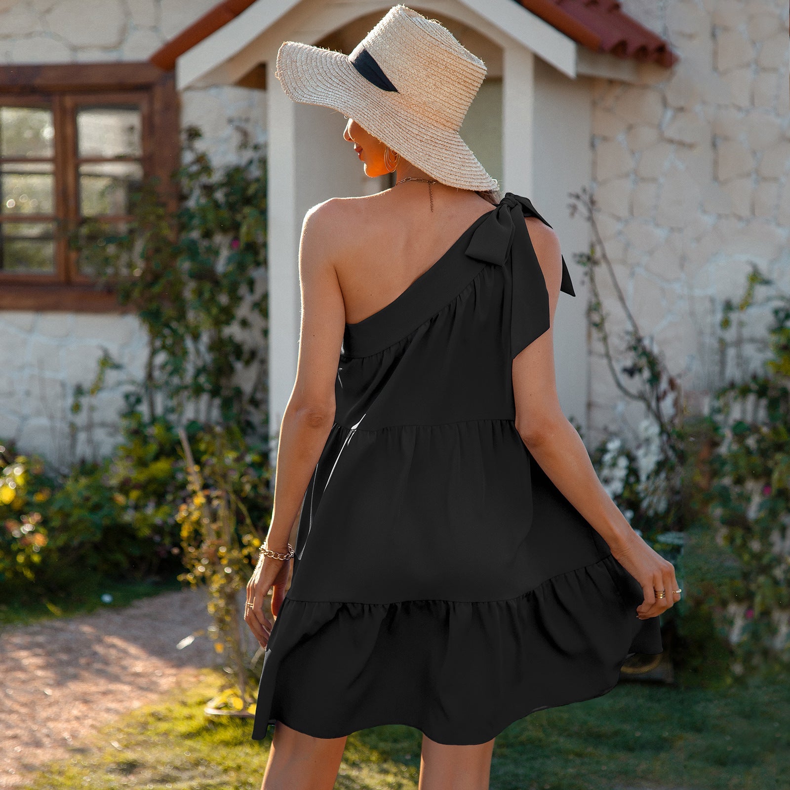 Sexy One Shoulder Chiffon Short Daily Sun Dresses-Dresses-Black-S-Free Shipping Leatheretro