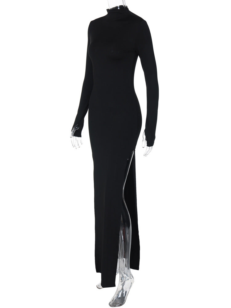 Sexy Fashion Split Front Long Sleeves Bodycon Long Dresses-Dresses-Black-S-Free Shipping Leatheretro