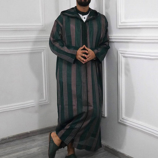 Ethnic Striped Fall Long Robes with Hat-Robes-Green-M-Free Shipping Leatheretro