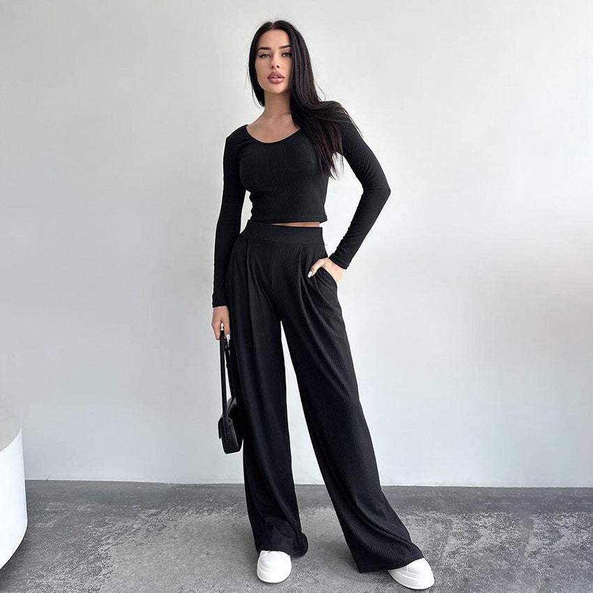 Casual Two Pieces Long Sleeves Tops & Pants-Suits-Black-S-Free Shipping Leatheretro