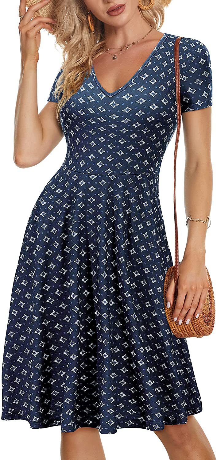 Casual Summer Sunflower Print Daily Women Sun Dresses-Dresses-Navy Blue-S-Free Shipping Leatheretro