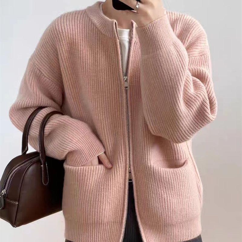 Casual Designed Double Zipper Women Knitted Sweaters-Coats & Jackets-Pink-One Size-Free Shipping Leatheretro