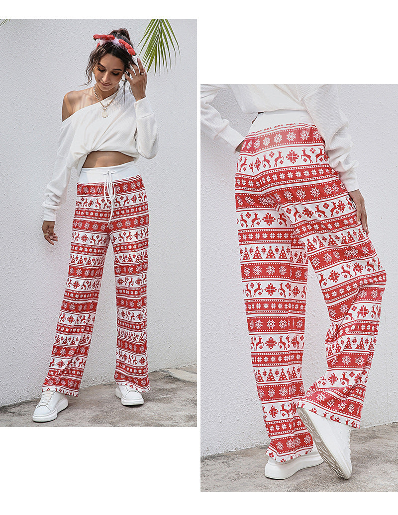 Casual Merry Christmas Wide Legs Pants for Women-Pants-White Deer-S-Free Shipping Leatheretro