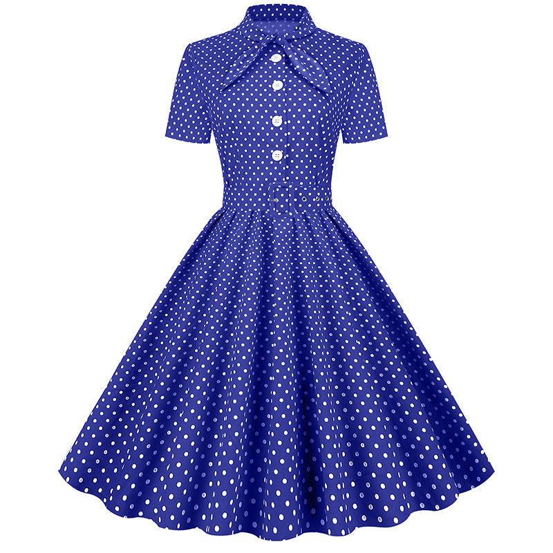 Vintage Polka Dot Short Sleeves Dresses-Dresses-Navy Blue-S-Free Shipping Leatheretro
