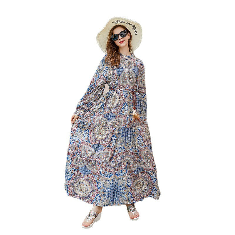 Bohemian Plus Sizes Floral Print Long Maxi Dresses-Dresses-Blue-XL-Free Shipping Leatheretro