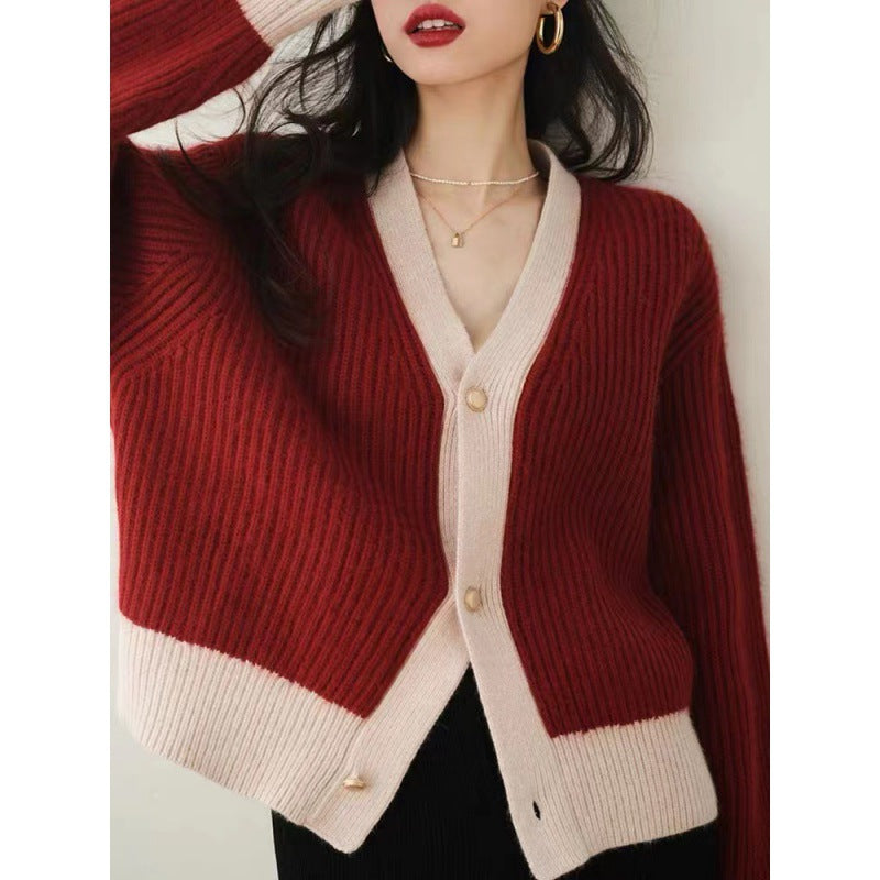 Fashion V Neck Lazy Style Knitted Cardigan Sweaters-Shirts & Tops-Wine Red-One size-Free Shipping Leatheretro