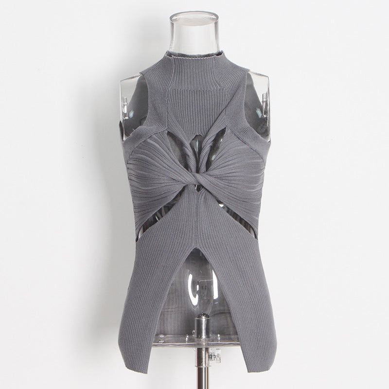 Designed High Neck Irregular Women Knitted Tank Tops-vest-White-S-Free Shipping Leatheretro
