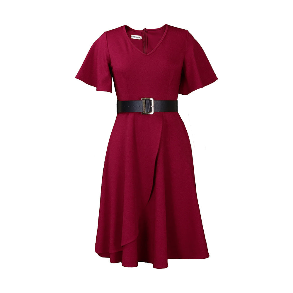 Women Plus Sizes Dresses with Belt-Dresses-Wine Red-S-Free Shipping Leatheretro