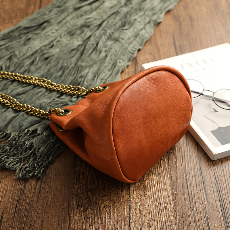 Vintage Vege Tanned Leather Bucket Bag with Chains 21032-Yellow-Free Shipping Leatheretro