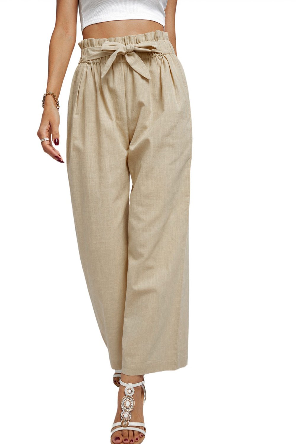 Casual Women Linen Long Pants-Women Bottoms-Khaki-S-Free Shipping Leatheretro