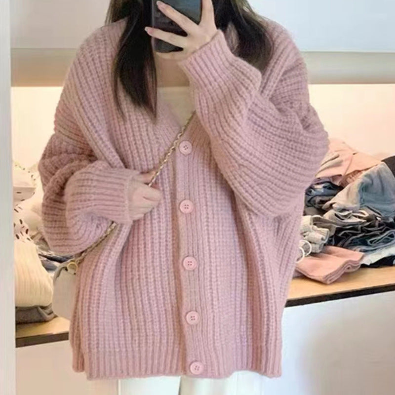 Casual Plus Sizes Knitted Cardigan Sweaters-Shirts & Tops-Pink-One Size-Free Shipping Leatheretro