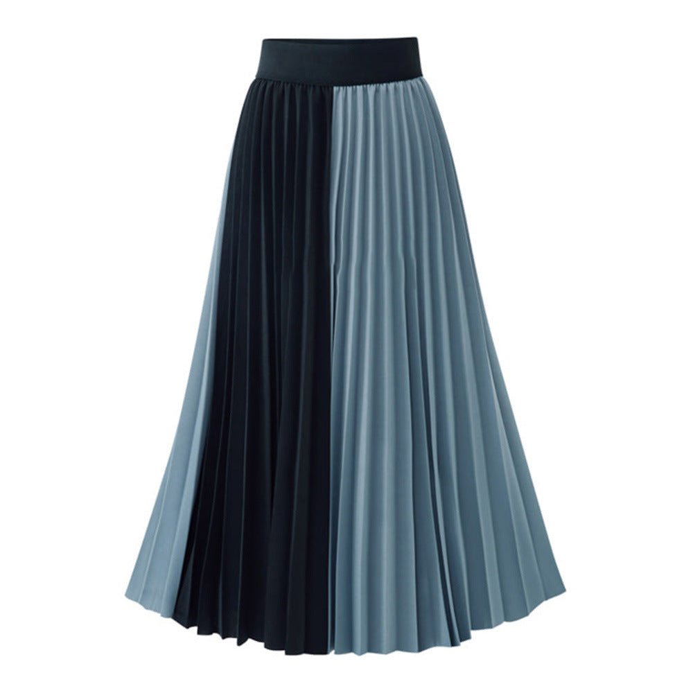 Women Contrast Color Women Pleated Skirts-Skirts-Blue-One Size-Free Shipping Leatheretro