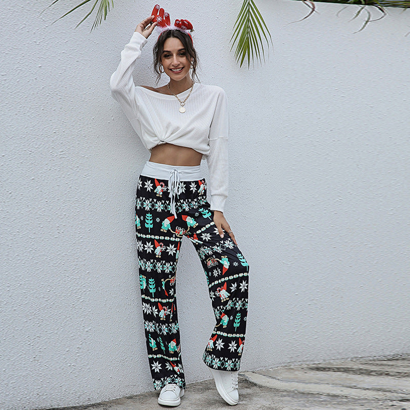 Casual Merry Christmas Wide Legs Pants for Women-Pants-Green Leaf-S-Free Shipping Leatheretro