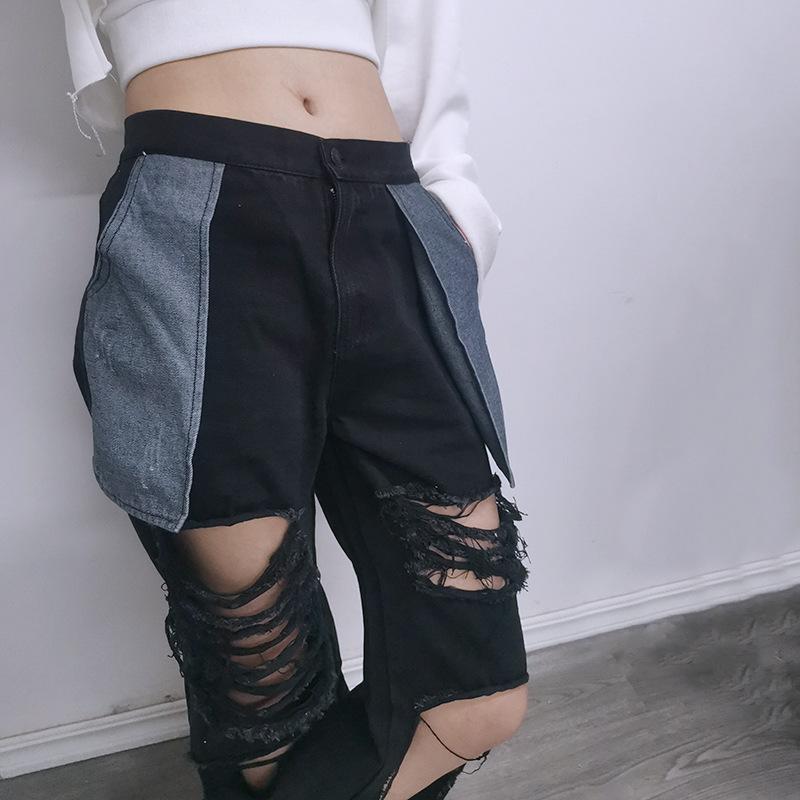 Causal Broken Holes High Waist Demin Pants-One Piece Suits-Black-S-Free Shipping Leatheretro