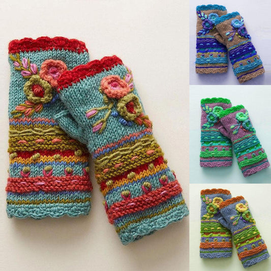Winter Warm Handmade Embroidery Knitted Gloves for Women-Gloves & Mittens-Green-One Size-Free Shipping Leatheretro