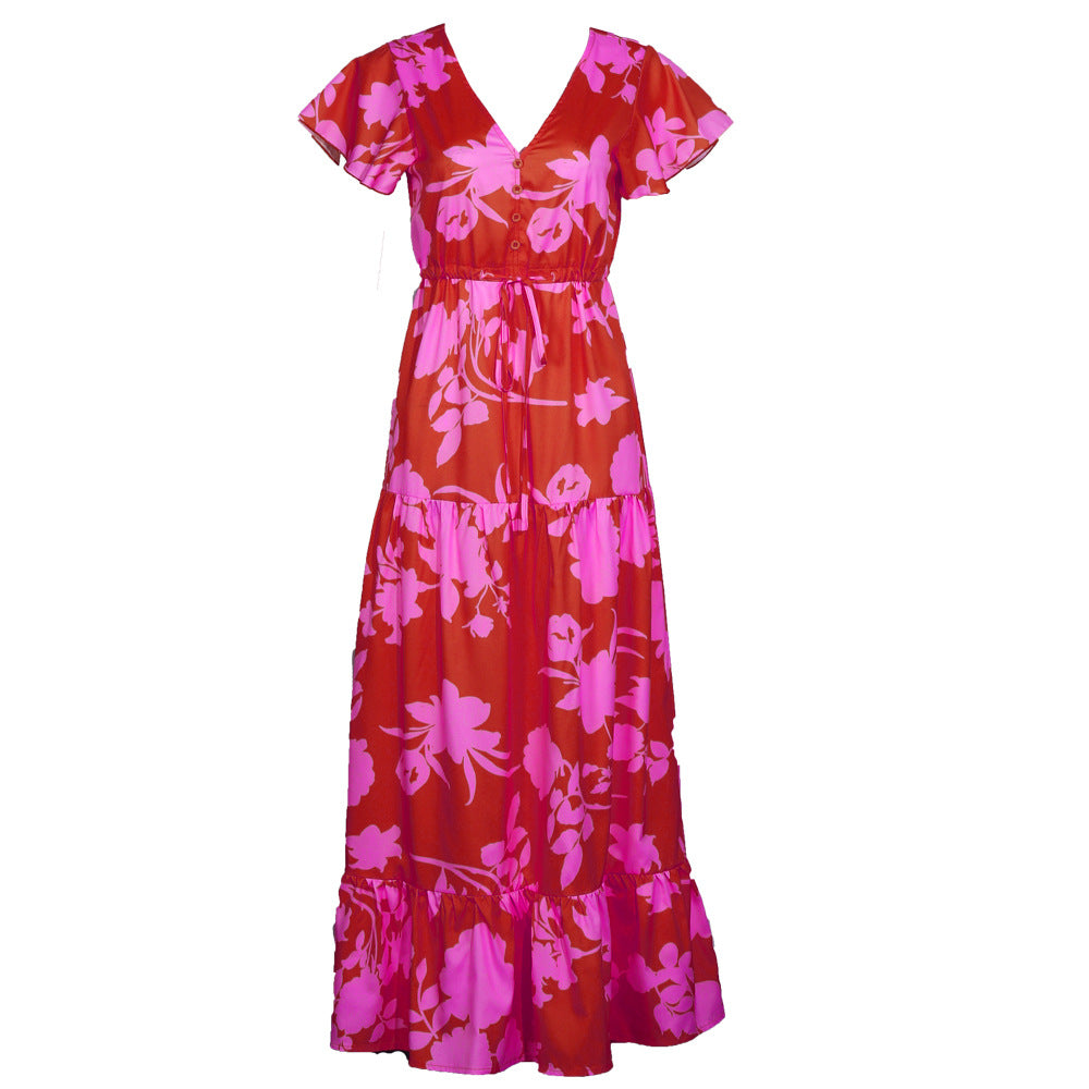 Casual V Neck Long Maxi Dresses-Dresses-Rose Red-S-Free Shipping Leatheretro