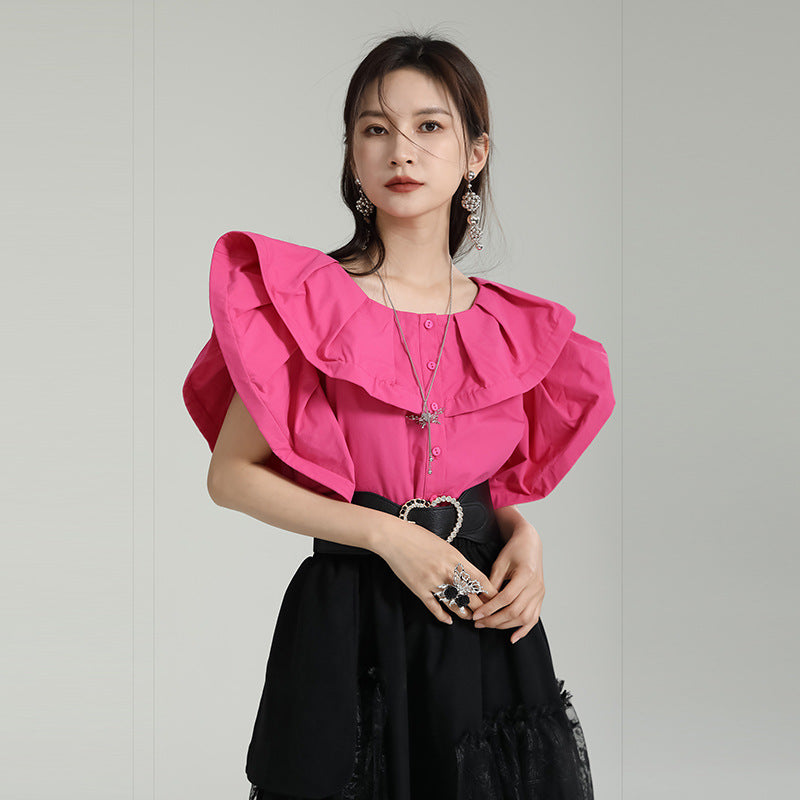 Designed Ruffled Short Sleeves Shirts-Shirts & Tops-Rose Red-M-Free Shipping Leatheretro