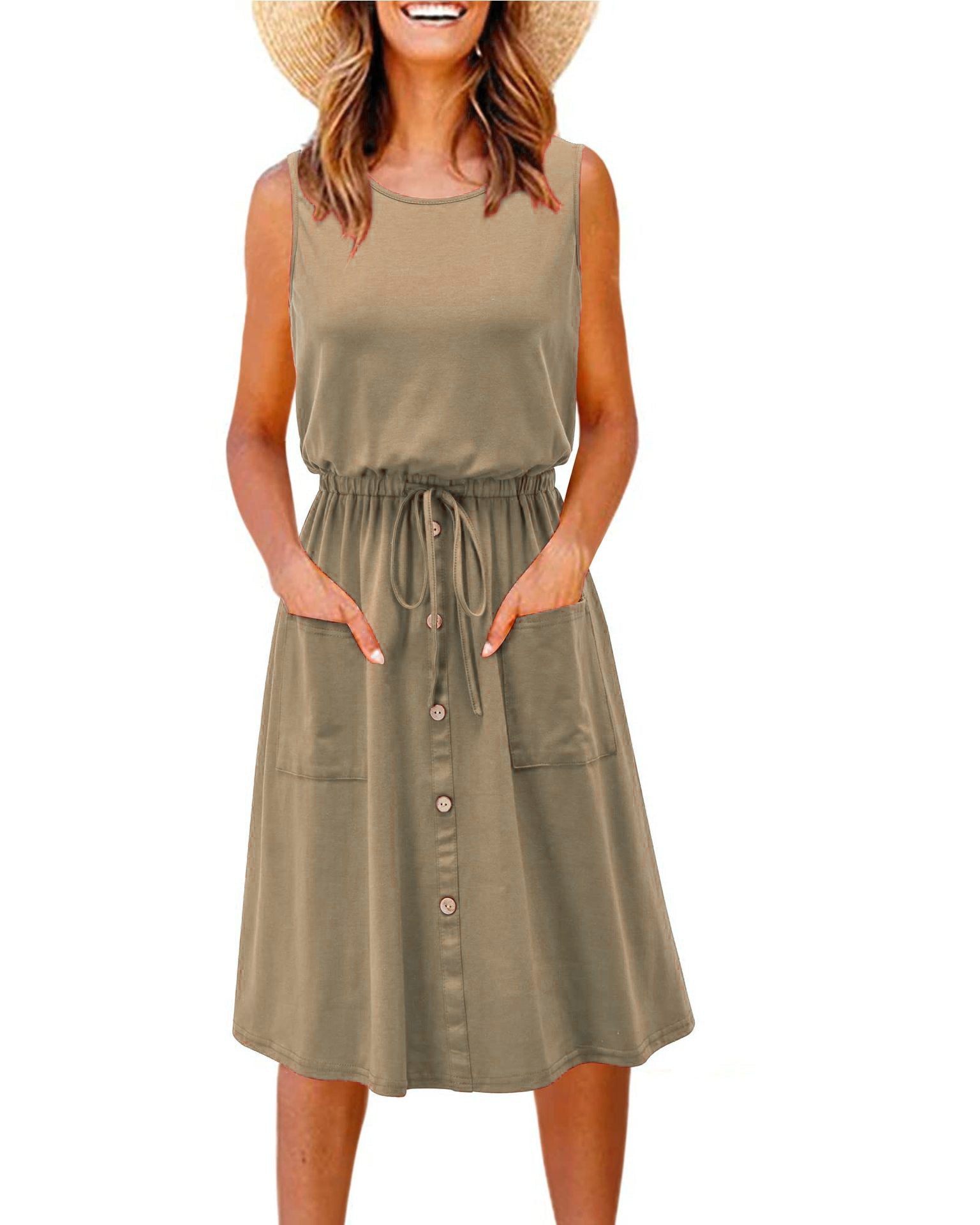 Casual Summer Sleeveless Vest Dresses-Dresses-Khaki-S-Free Shipping Leatheretro