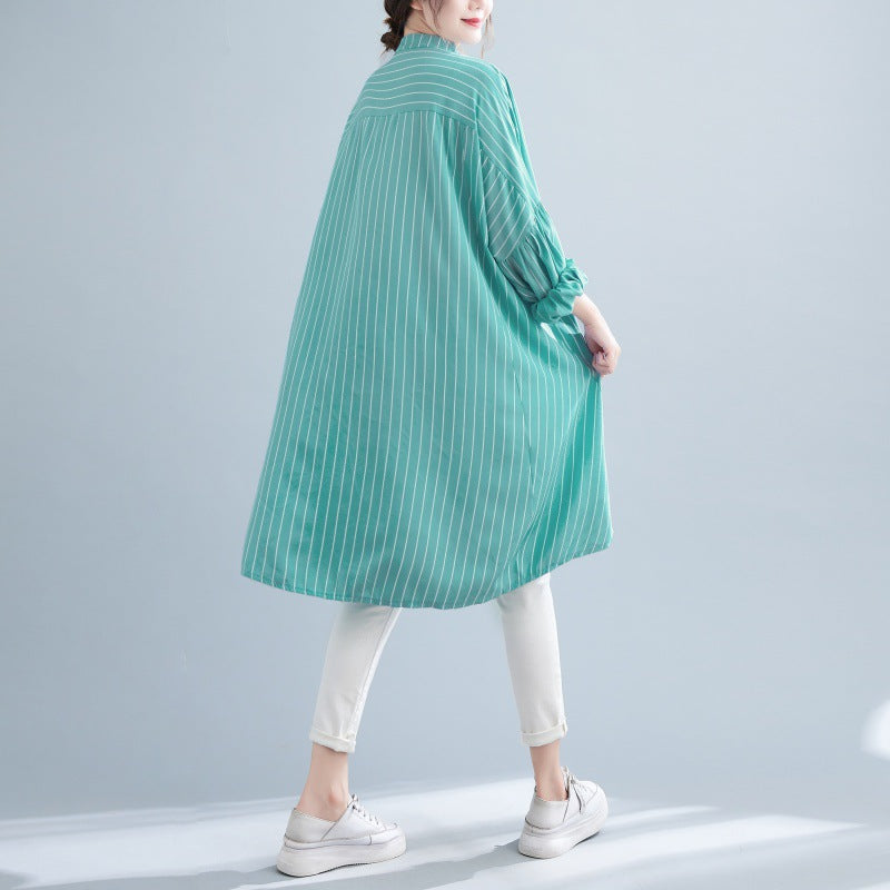 Designed Striped Long Shirts Dresses for Women-Dresses-Green-One Size-Free Shipping Leatheretro